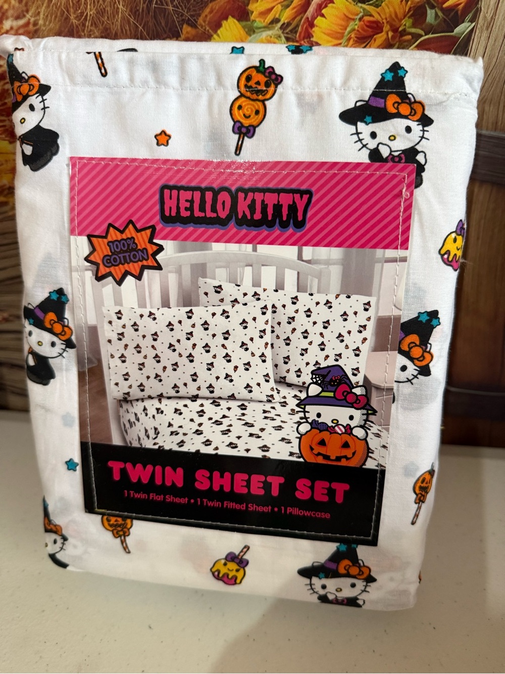 Hello Kitty Halloween Twin Sheet Set - White with Orange & Black Accents